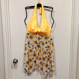 NWT Holipick Women's Sunflower Print Mesh Halter Style Swim Top M-Beach Resort
